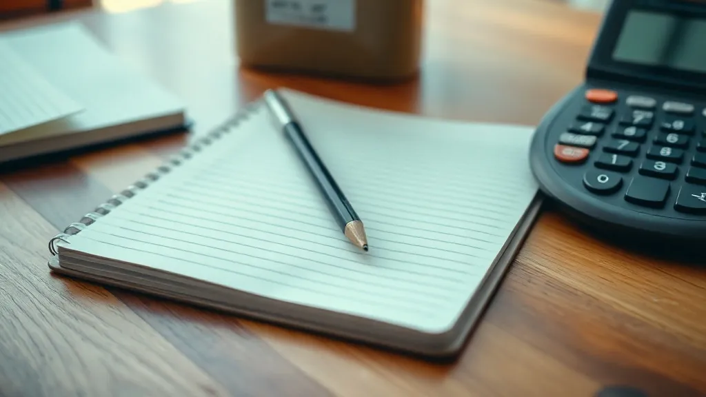 A high-quality close-up of a wooden desk with a notebook, a