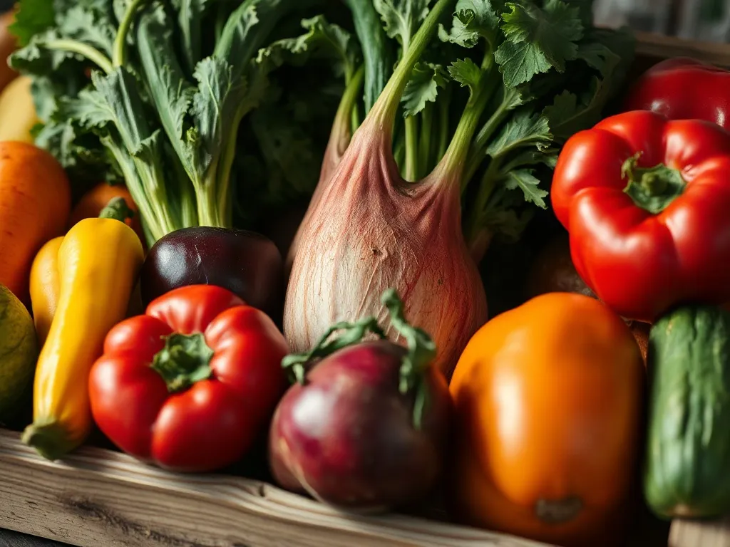 High-quality close-up of fresh organic vegetables in a woode