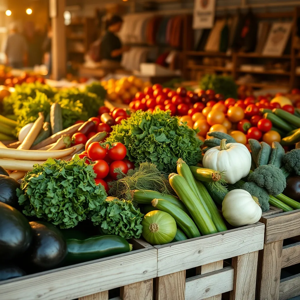Fresh organic vegetables in wooden crates at a local Europea