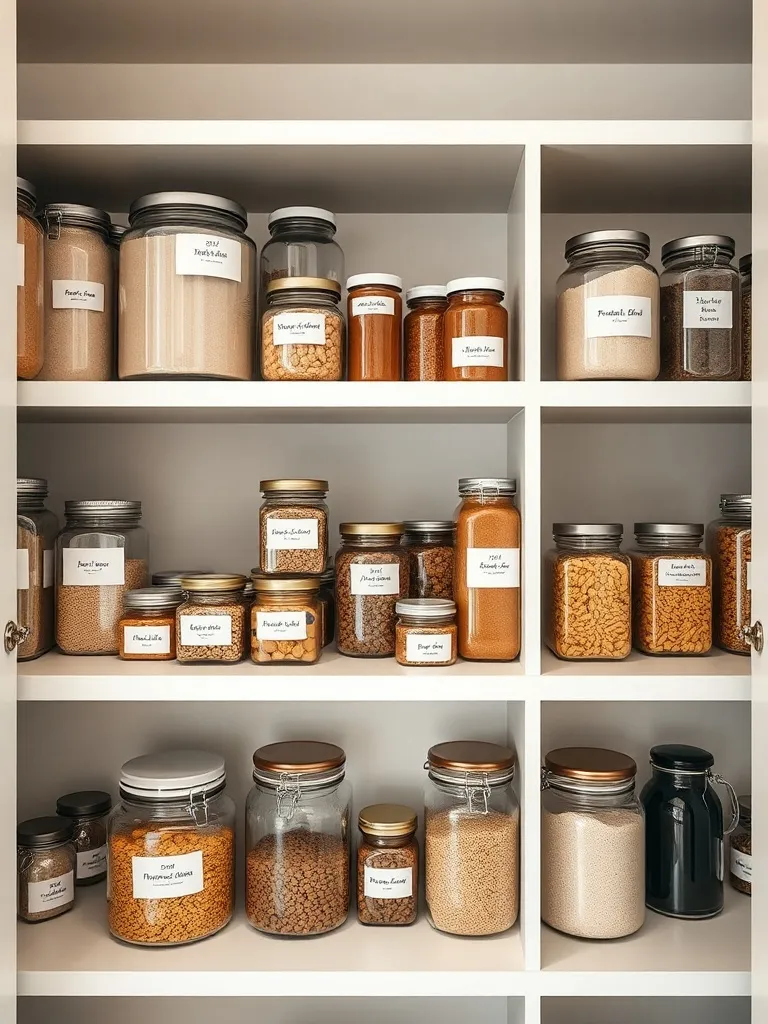 Organized pantry shelves with glass jars and labels, clean a