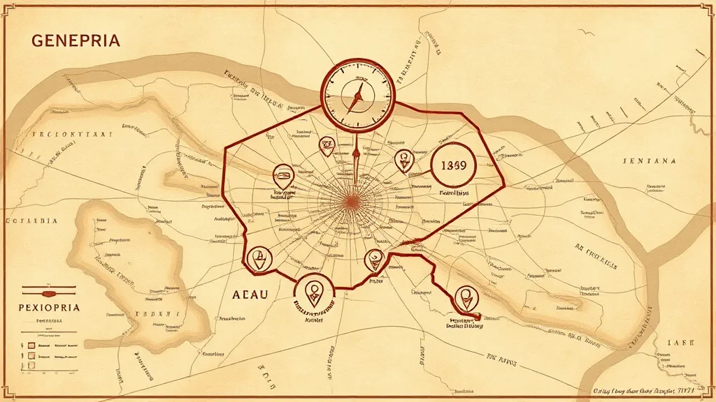 A stylized map of a European city with data points and marke