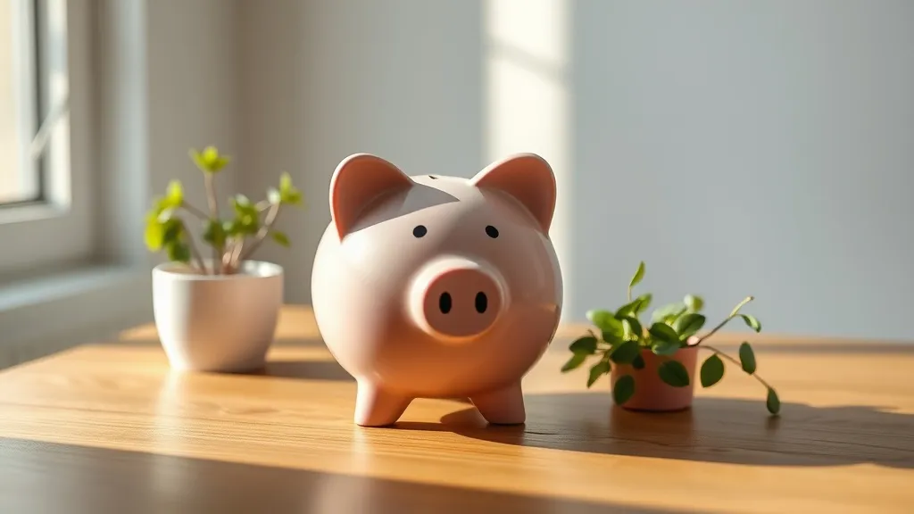 A piggy bank on a wooden table next to a small green plant,