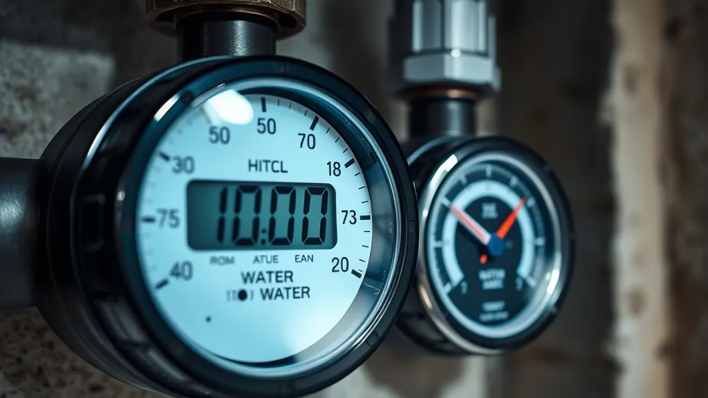 Close-up of a modern digital and analog water meter in a bas